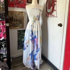 shein white blue floral sheer tube top